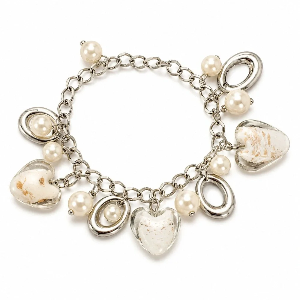 New Silver-Tone Heart Charm & Faux Pearl Chain Bracelet